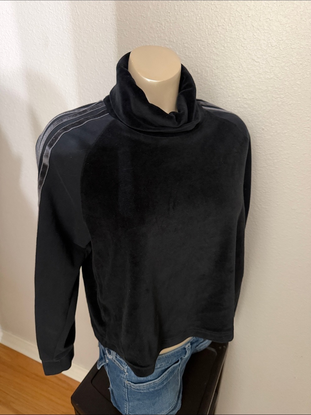 adidas Black Velour Funnel Neck Sweatshirt with Shoulder Stripes